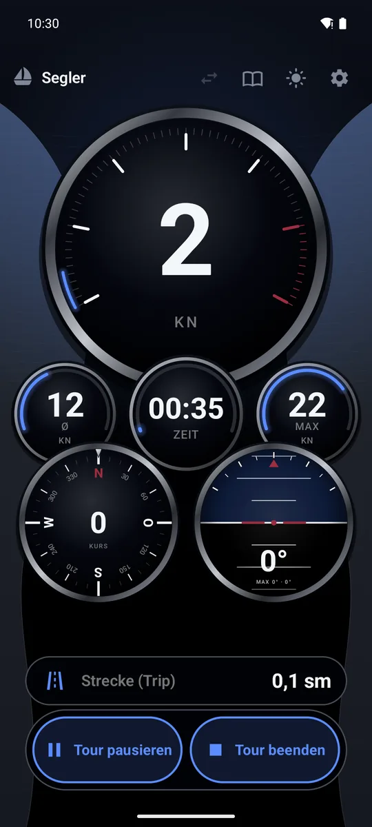 SpeedCompass auf dem Segelboot mit Knoten und Seemeilen