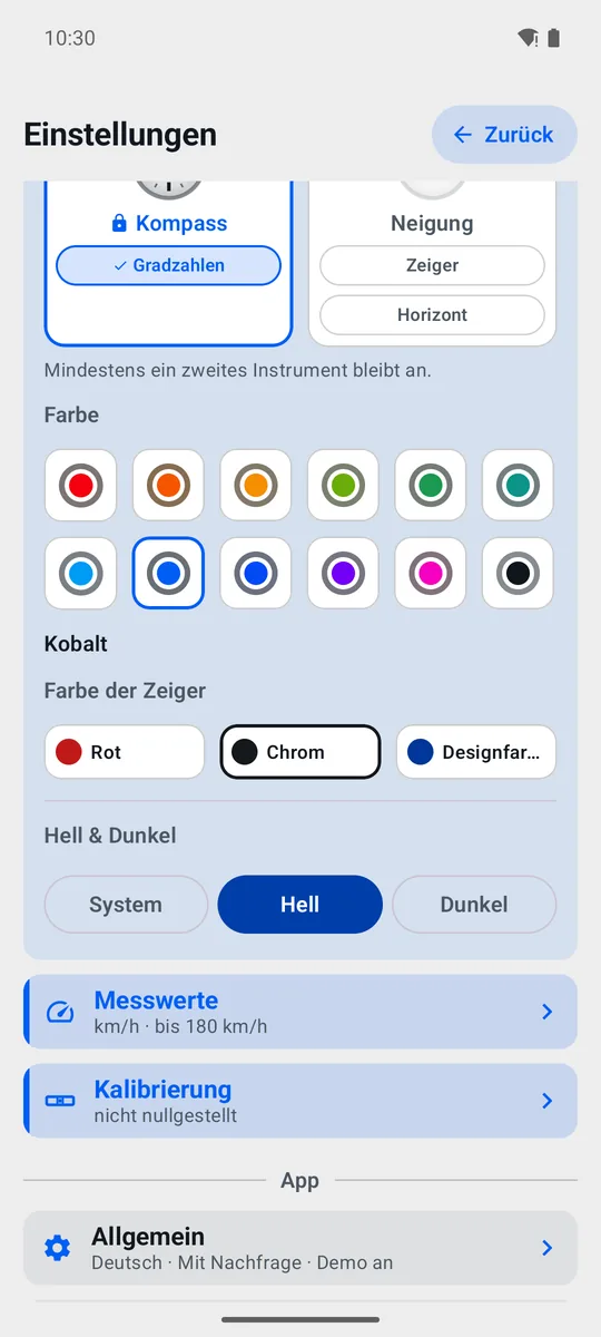 Zwölf Farbwelten, Zeigerfarben und Hell-Dunkel-Umschaltung