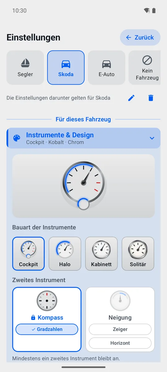 Einstellungen „Instrumente & Design“ mit Live-Vorschau und vier Bauarten