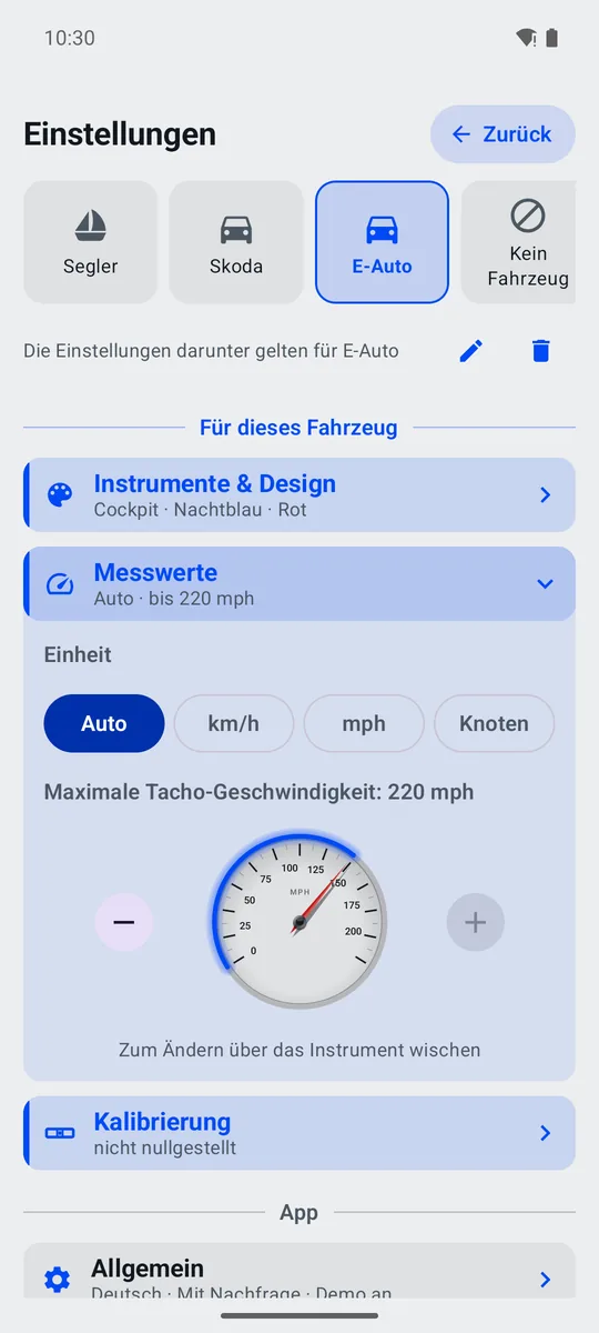 Einstellungen „Messwerte“ mit Einheitenwahl und Live-Tacho für die Skala