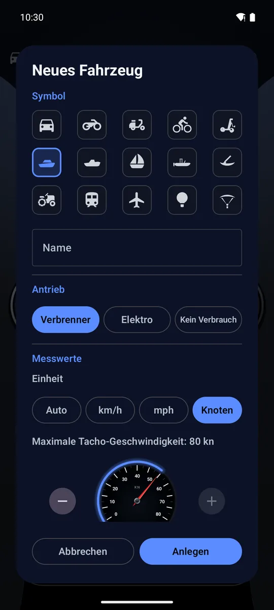 Dialog „Neues Fahrzeug“ mit Symbolauswahl, Antriebsart und Live-Tacho