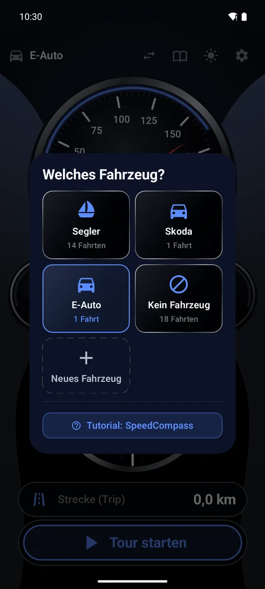 Abfrage „Welches Fahrzeug?“ mit Kacheln und Fahrtenzahl