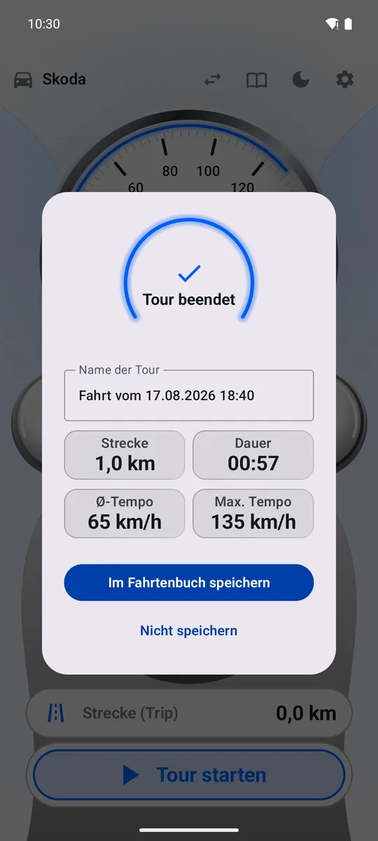 Zusammenfassung „Tour beendet“ mit Strecke, Dauer, Ø und Max